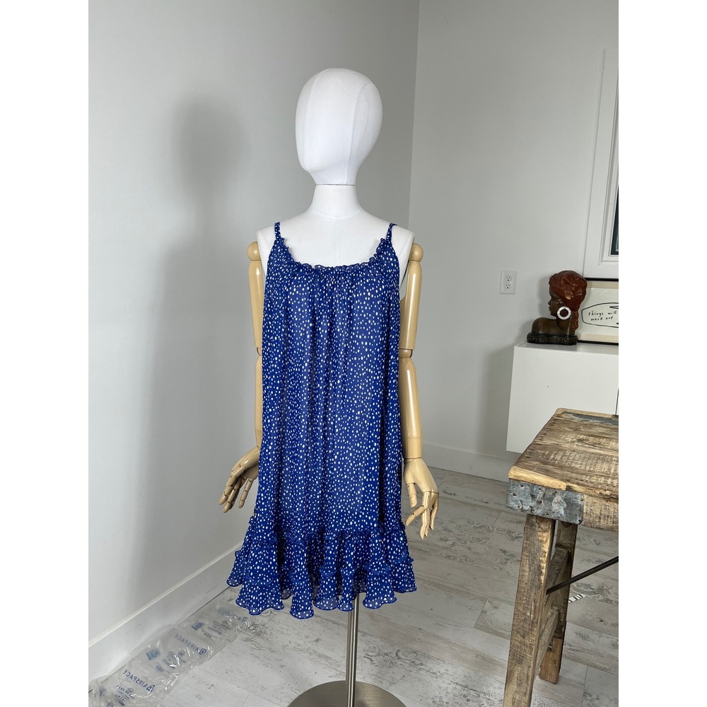 Oscar de la Renta Pink Label Blue Polka Dot Ruffle Hem Chemise Nightgown Medium